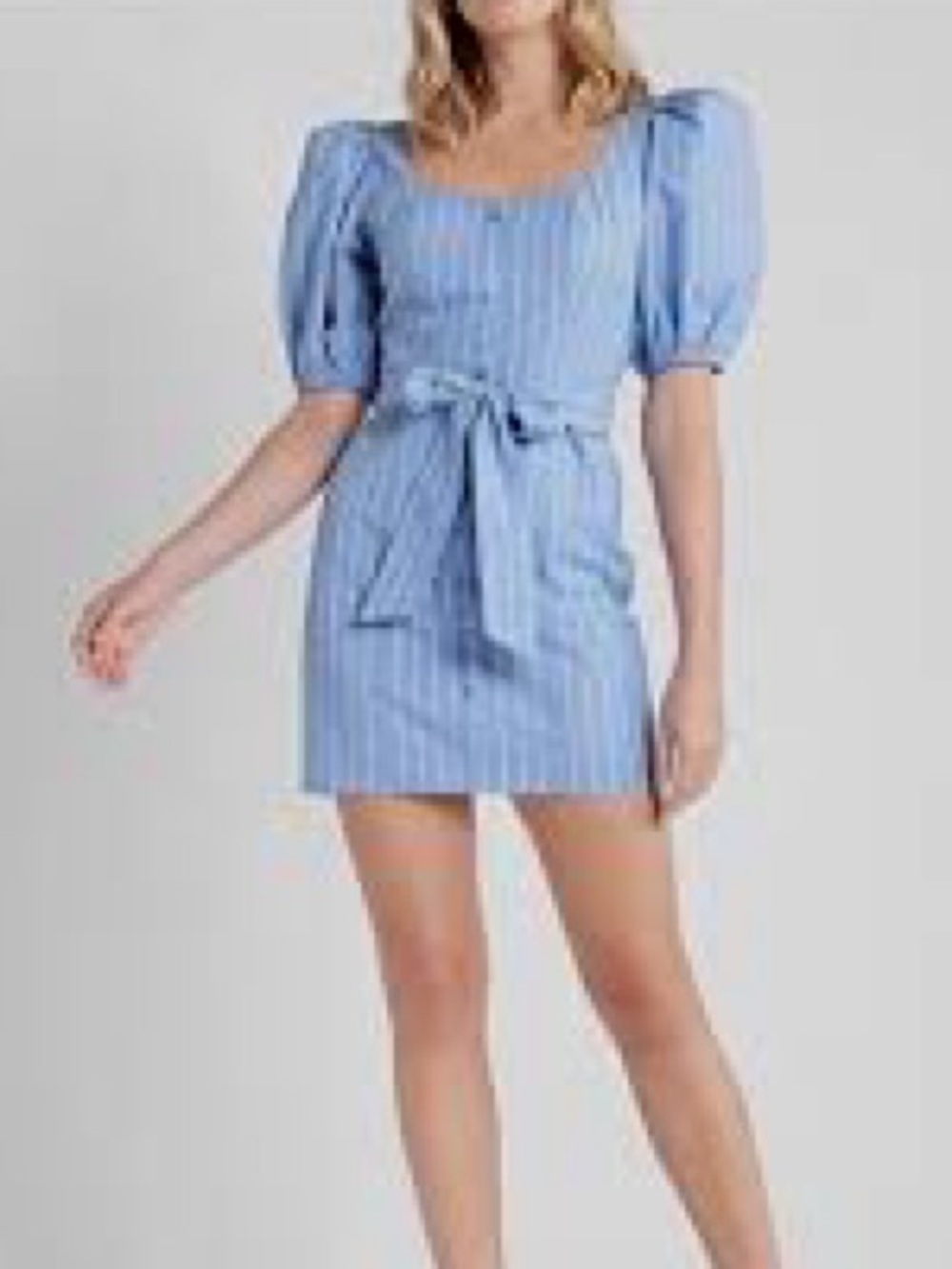 Express Light Blue White-Striped Puff Sleeve Dress